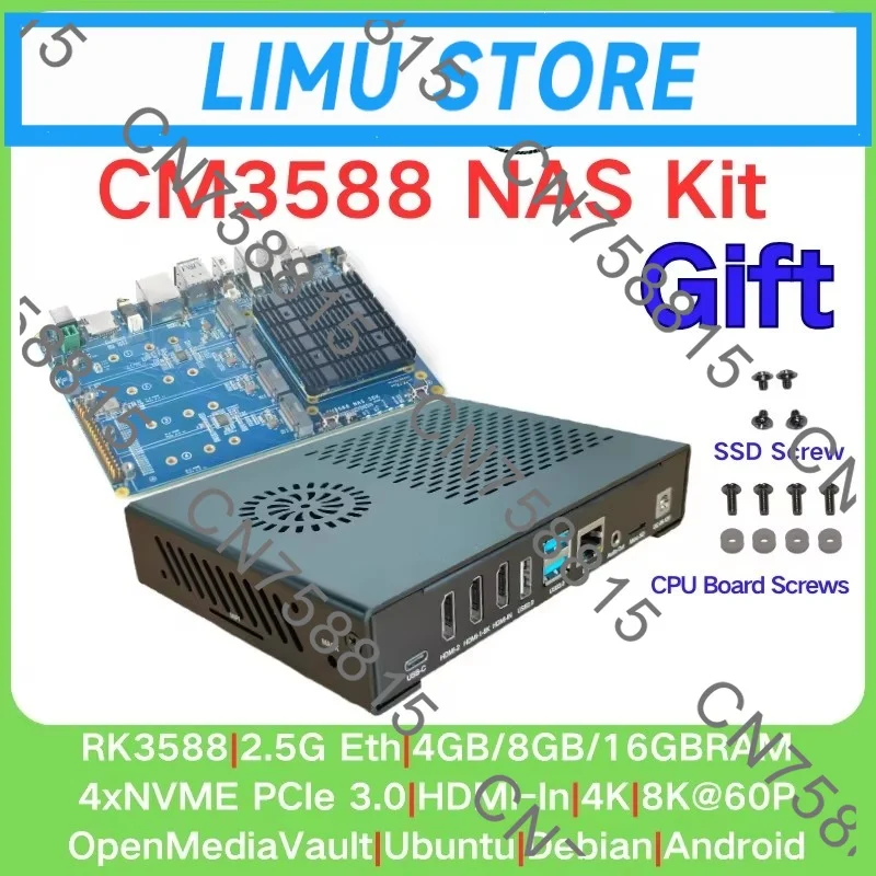 RK3588 CPU Development Demo Core Board 4xPCIe3.0 4K/8K 4 NVMe HDMI IN Case，FriendlyELEC CM3588 Plus NAS Kit SDK 2.5Gbps Rockchip