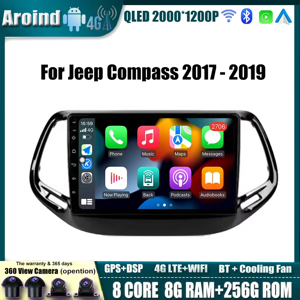 Android OS For Jeep Compass 2017 2018 2019 Car Radio Smart Car System Carplay Android Auto Car Accessory 8Core Bluetooth WIFI 4g