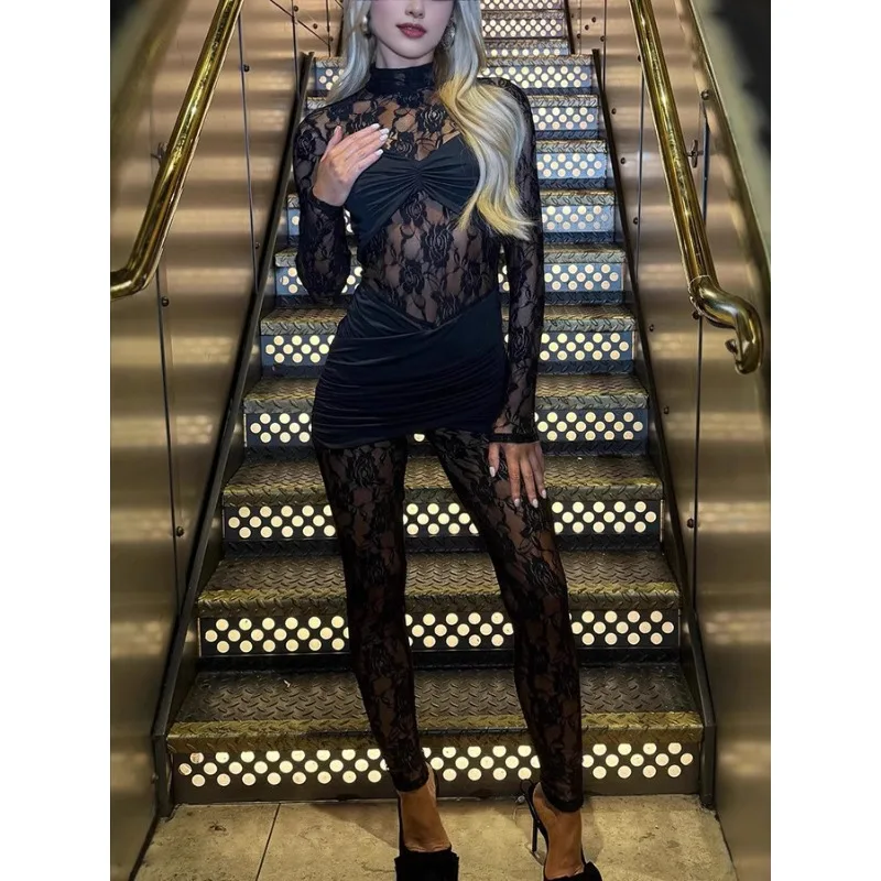 

Lace Ruched High Neck Skinny Splicing Bodycon Romper Birthday Outfits Sexy Mesh Hollow Out Sheer Jumpsuit Night Clubwear