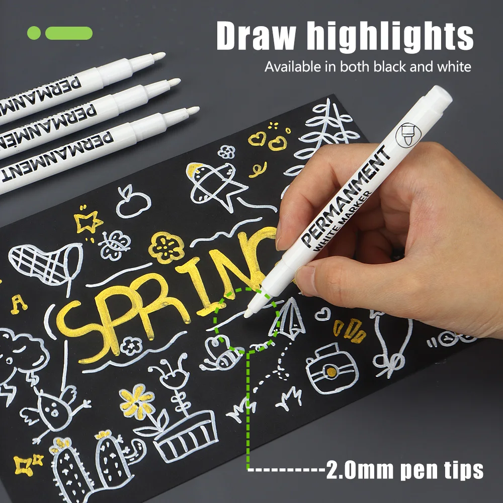 

3/6/12 Pcs Waterproof Marker Pen White Black Inks 2mm Tip For Rock Painting Stone Ceramic Glass Wood Tire Fabric Metal Canvas