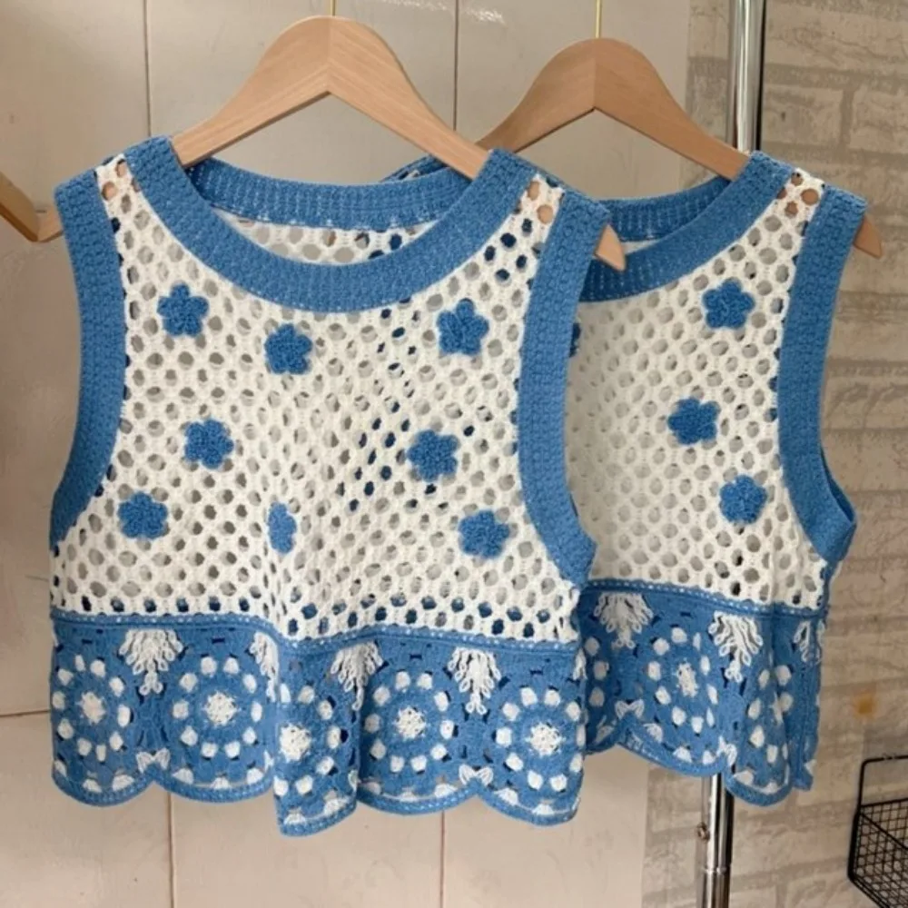 Fashionable Cotton Women Crochet Garment Knitting Hollowing Out Floral Crop Tops Soft and Skin Friendly Hollow Out Camisole