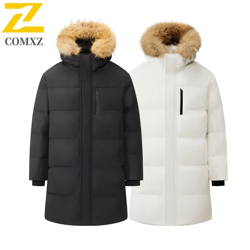 COMXZ Men Long Down Jacket Fur Collar Hooded Outdoor Ski Windproof  Filler Down Luxurious Daily Style Lightweight Winter Coat