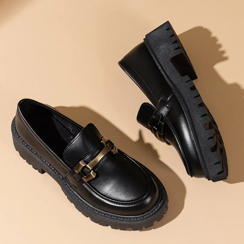 المرأة منصة حذاء بكعب سميك البريطانية المعادن أبازيم Preppy المتسكعون جلد أسود الانزلاق على الكعوب موضة سميكة سوليد حذاء كاجوال #6