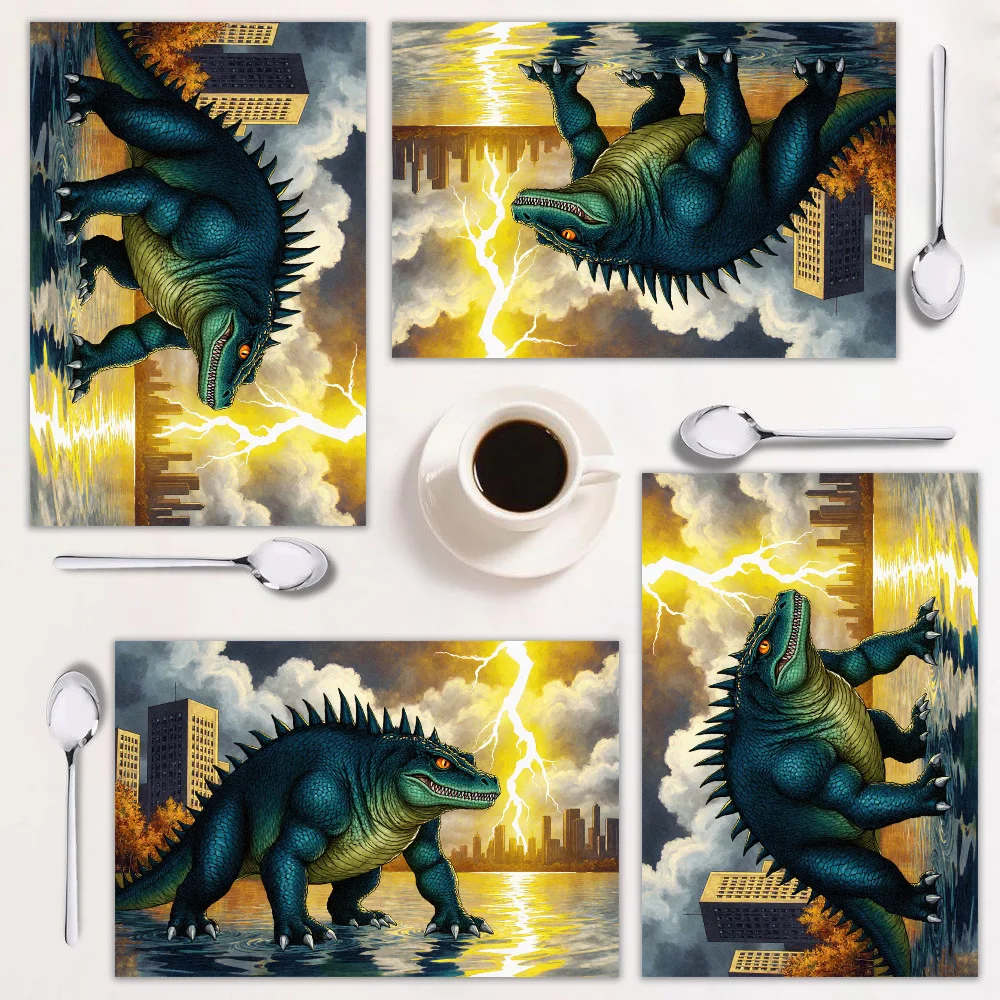 

4-piece placemat set, vibrant monster design, easy to clean, 12×18 inches, perfect for festive dining, trendy decor.
