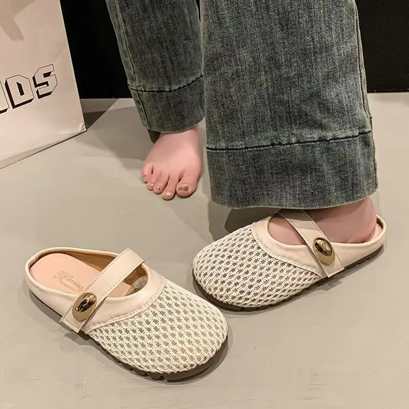 

Women's Summer Leather Baotou Hollow Out Half Slippers Flat Sole Non Slip Breathable Fashionable Outdoor Slippers Sandals