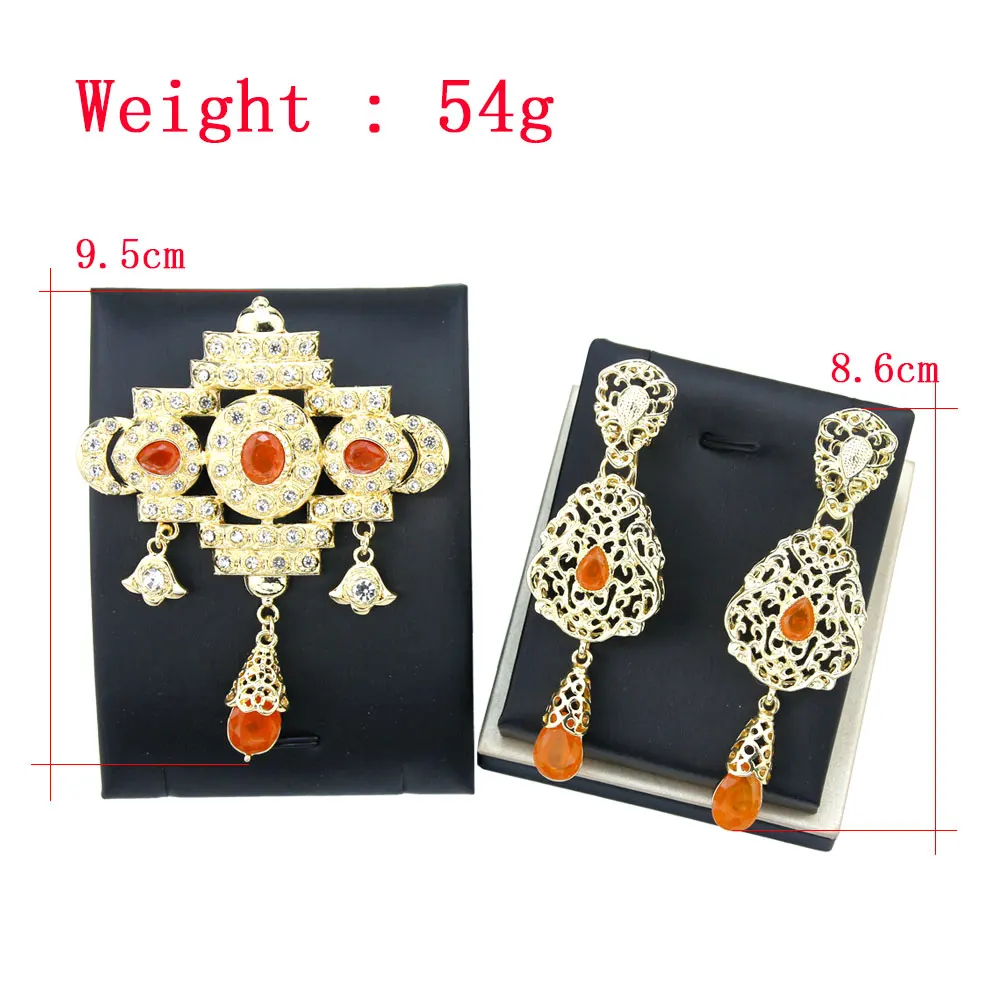 Sunspicems Elegent Morocco Bride Jewelry Sets For Women Caftan Brooch Pins Long Drop Earring Crystal Arabic Scarf Brooch Set