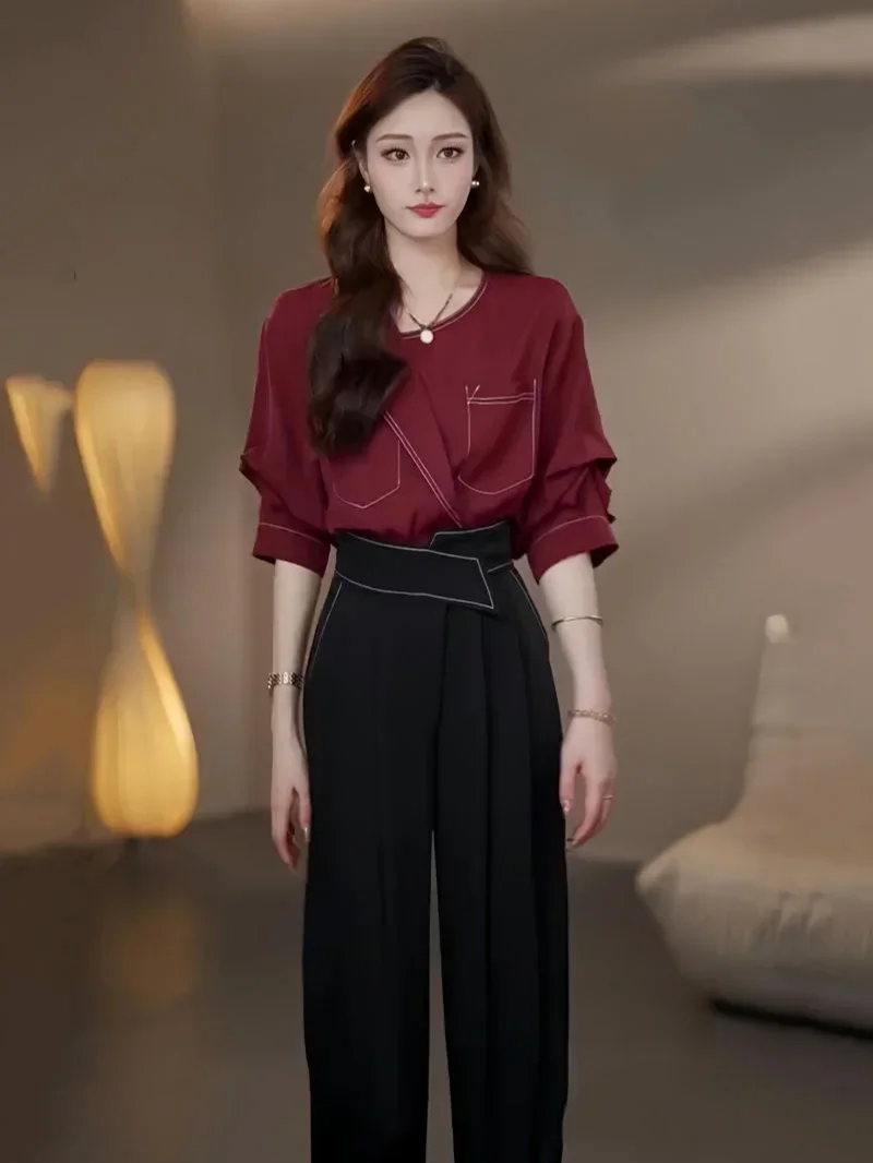 Ladies Trouser Summer 2024 Shirt Baggy Wide Leg Women\'s Blouse and Pants Two Piece Set Business Formal with Sleeve Korean Style