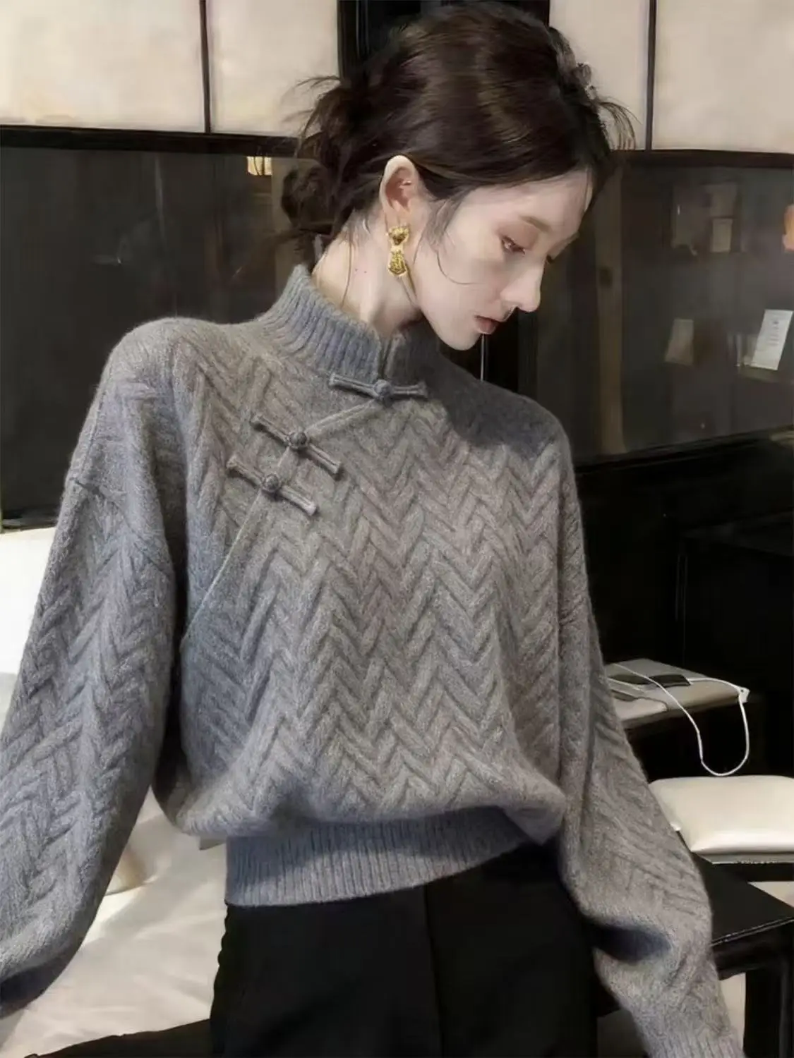 New Chinese Style Button Sweater Men Women Traditional Standing Collar Base Shirt Vintage Casual Spring Autumn Knit Tops