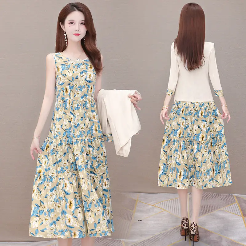 Elegant Women Floral Dress Suit 2023 Spring Autumn Three Quarter Blazer Coat+Sleeveless A-Line Dress Two Peice Sets Plus Size