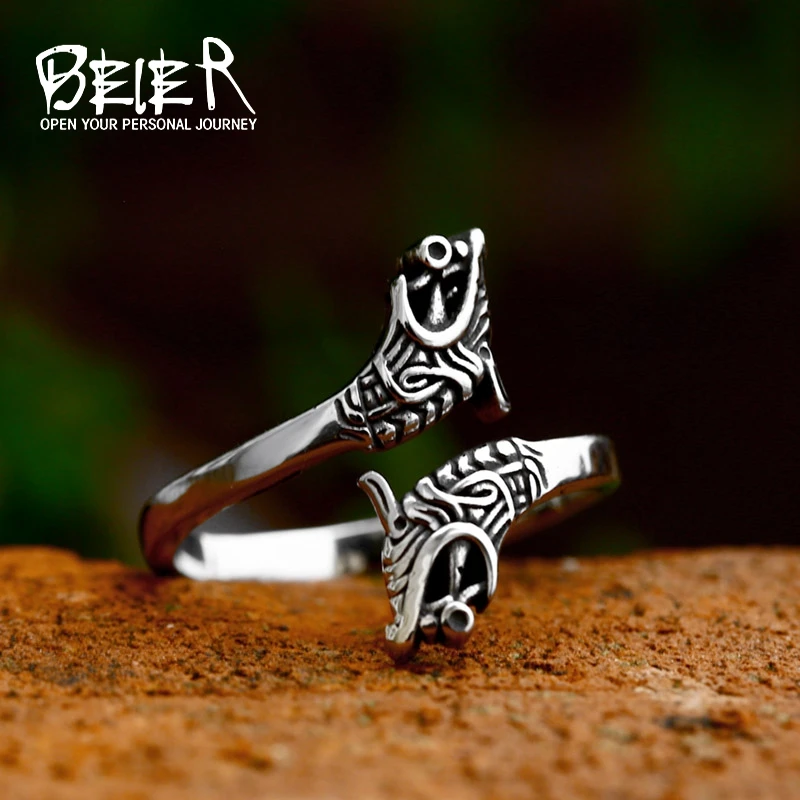 BEIER 2023 New Fashion Viking Double Wolf Head Ring Adjustable Men\'s Ring Animal Gothic Jewelry Gift For Boyfriend