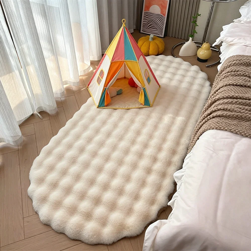 Imitation Rabbit Hair Bubble Velvet Carpet Elliptical Beige Soft And Comfortable Faux Fur Mat For Kids Bedroom Headboard Carpet