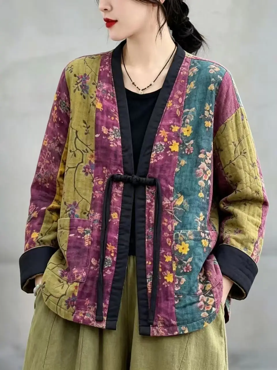 Retro Chinese Style Printed Patchwork Open Cardigan Women's Loose Personality Small Jacket Long Sleeve V-Neck Daily Wear