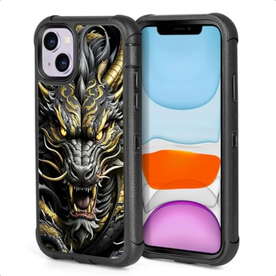 

Compatible with iPhone 14 13 Case Cool Black Gold Dragon Design for Men Boys Teens 3Layer Red Shockproof AntiSlip Hard Bumper S