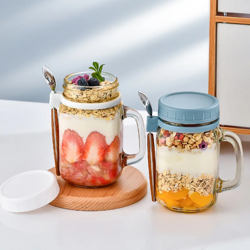 480ml Breakfast Oatmeal Cup Cereal Nut Yogurt Salad Cup Glass Sealed Jars Keep Fresh Container with Lid Spoon Kitchen Supplies