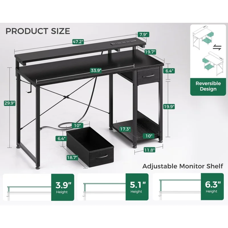 Gaming Desk with LED Lights & Power Outlet, 48 Inch Computer Desk with Drawer, Reversible Desk with Adjustable Monitor Shelf &
