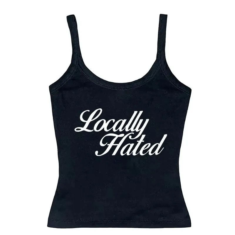 Women Y2K Locally Hated Letter Print Cami Tank Top Gothic Punk Spaghetti Strap Slim Fit Sleeveless Summer Crop Vest