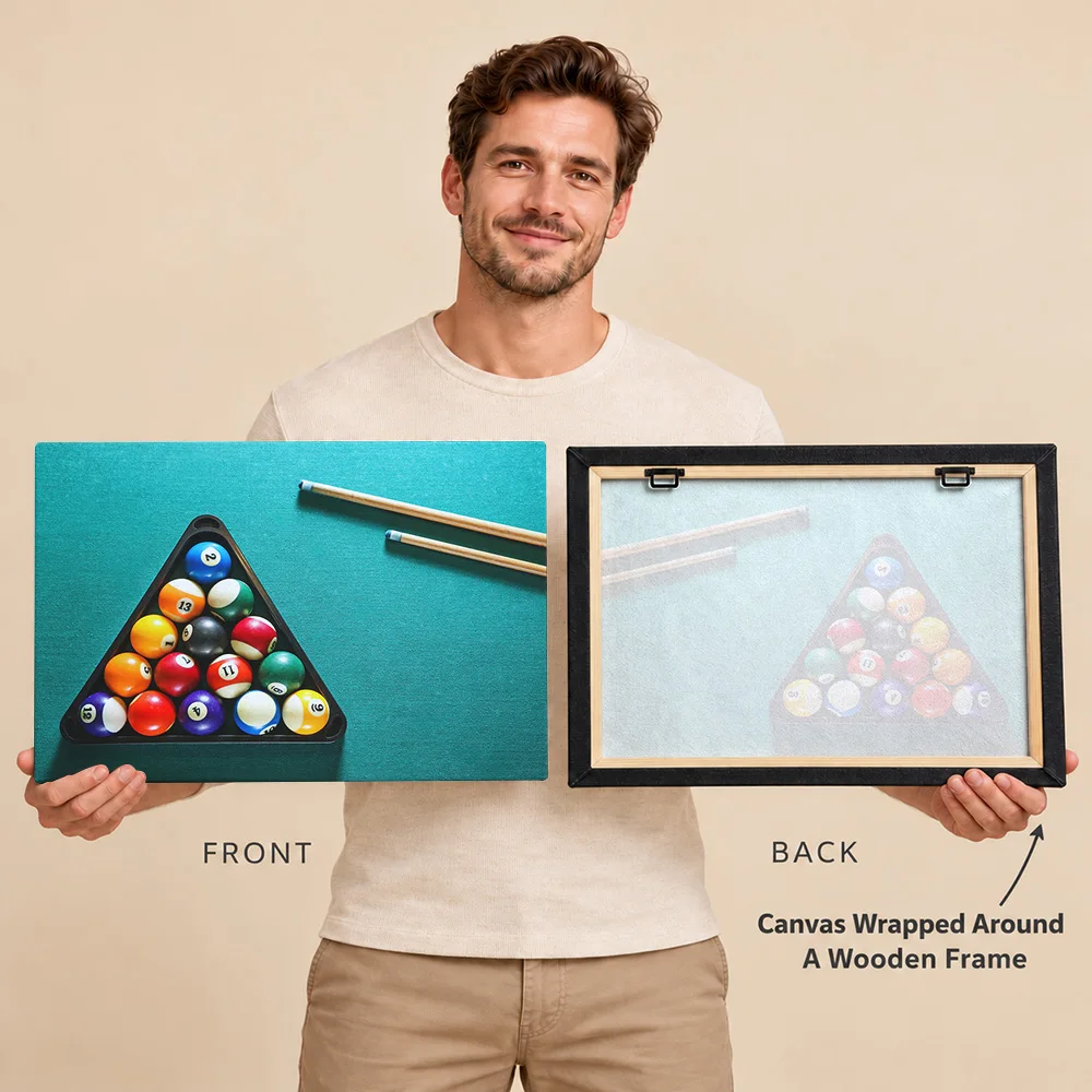 Billiards Pool Balls Cues Wood Framed Canvas Print Personalized Photo Turquoise Equipment Arrangement Wall Art For Sports Room