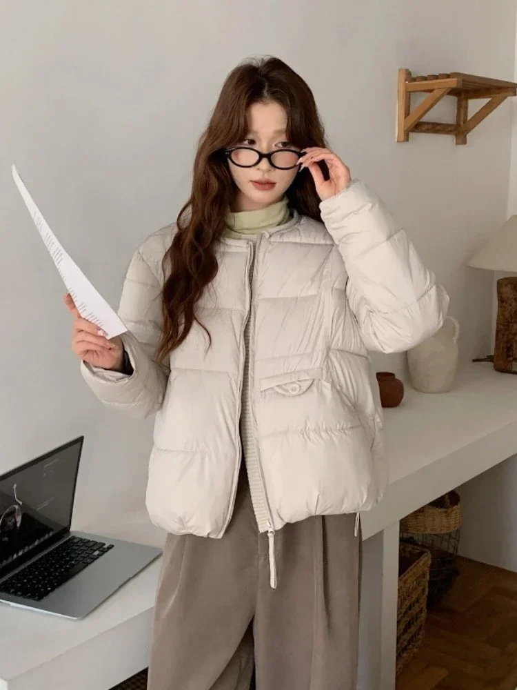 Korean Patchwork Zipper Stylish Parkas 2026 Winter Women's Jacket Minimalist Versatile Coat Warm O-Neck Cotton Padded Outerwear