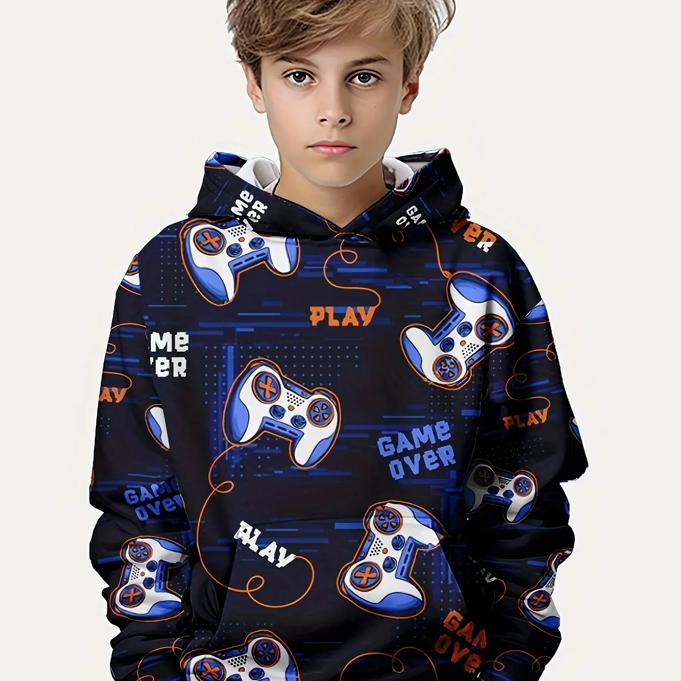 

3D printed hooded sweatshirt with boy and girl game controllers - stylish casual pattern design, elastic fabric, suitable for au