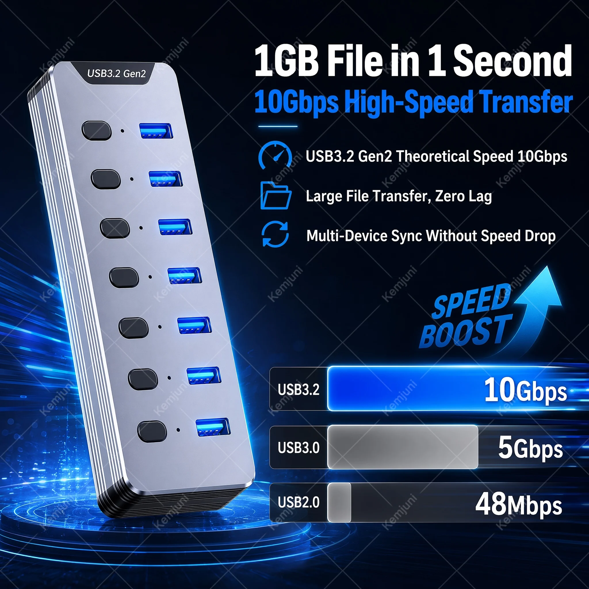 10Gbps USB 3.2 Gen2 Hub 7 Port Powered USB Splitter Aluminum Shell Individual Switch USB Extender for Laptop Mobile HDD