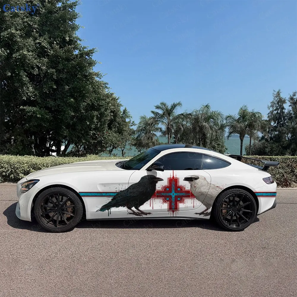

2pcs Yin-Yang Crow & Tribal Cross Car Side Wraps, Self-Adhesive PVC Waterproof & Scratch-Resistant Stickers, Car Accessory Gift