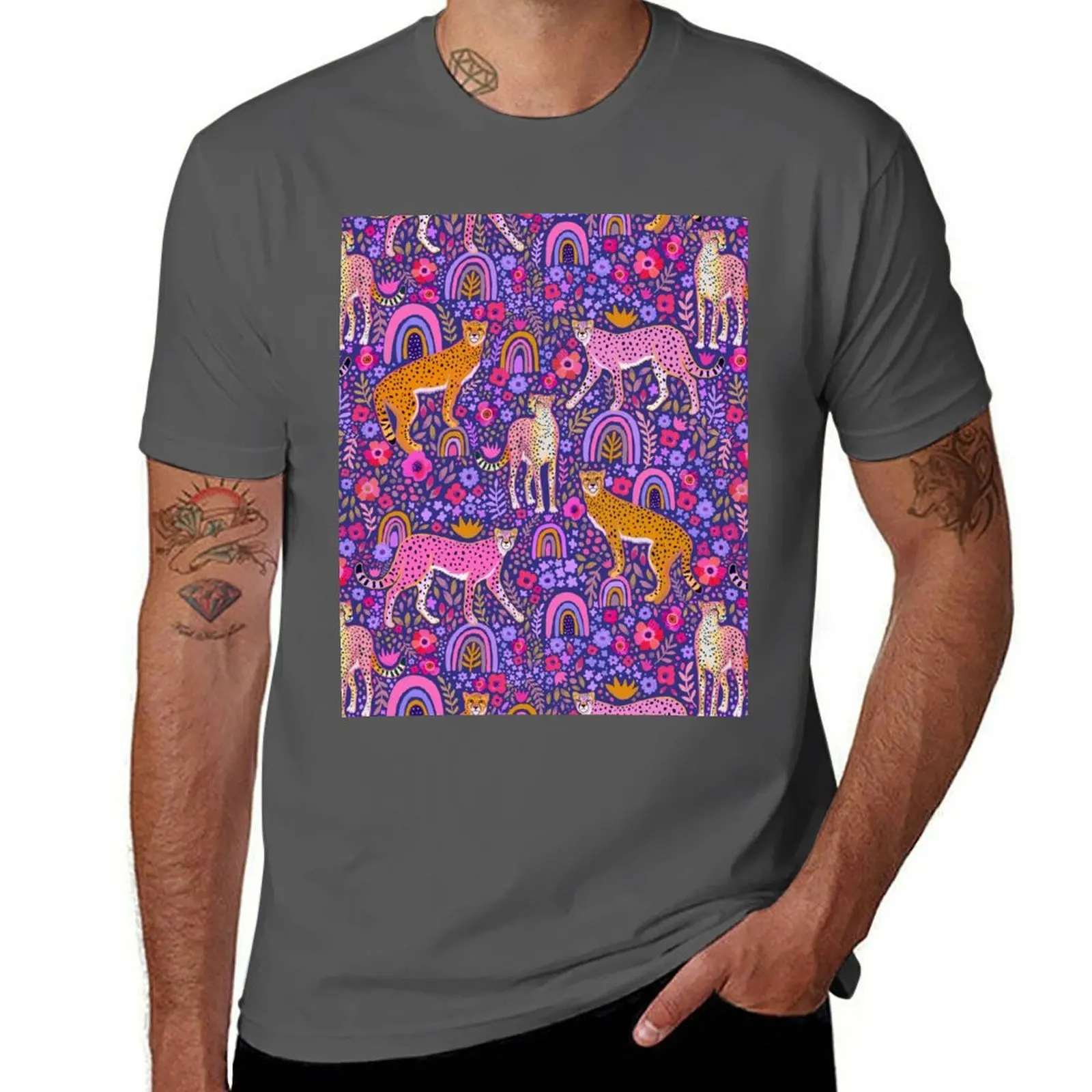 

cheetahs in a Rainbow Garden on Navy Blue T-Shirt Street Fashion Casual Tee Shirt