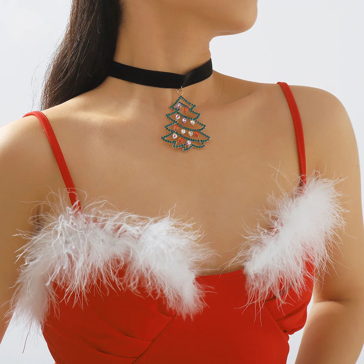 N11366 Christmas Clavicle Pendant, Snowflake, Christmas Tree, Rhinestone, Flannel, Choker Necklace for Women