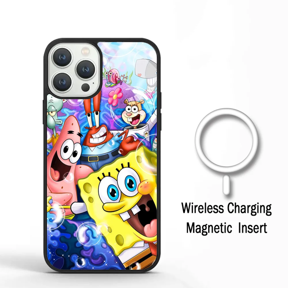 S-SpongeBobs Cartoon Phone Case For IPhone 11 12 13 14 15 Plus Pro Max Mirror Acrylic Cover For Magsafe