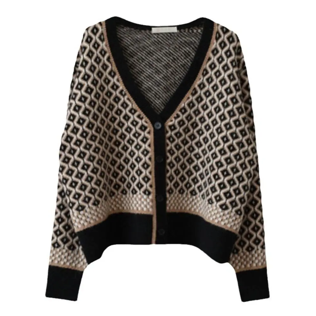 

Women's Korean Style Retro Elegant Knitted Cardigan V-Neck Rhombus Plaid Thick Loose Sweater Contrast Color Autumn Winter Coat