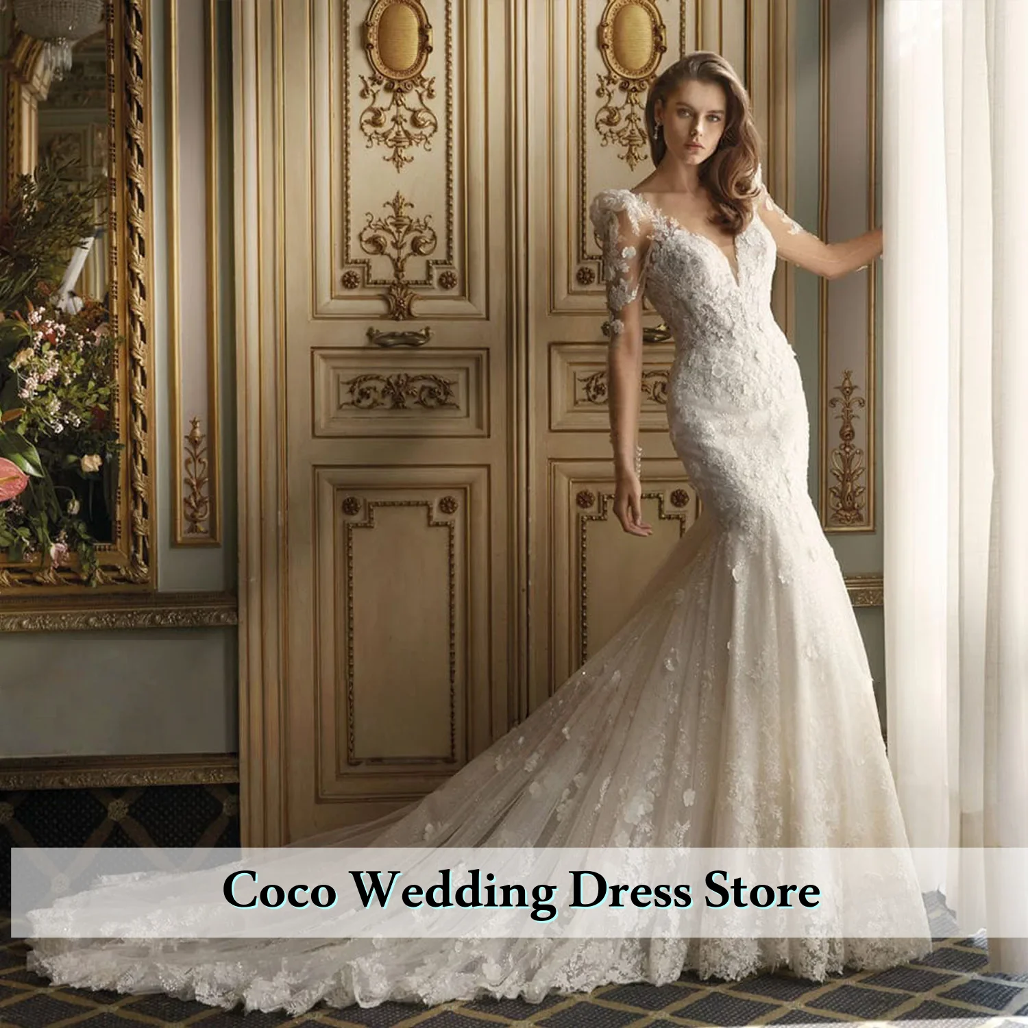 Maßgeschneiderte elegante V-Ausschnitt rückenfrei lange Ärmel Perlen Blumen Pailletten Applikationen Meerjungfrau Hochzeitskleid Vestido De Noiva