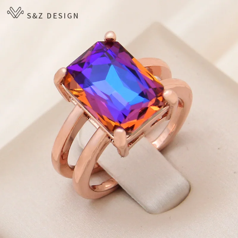 S&Z DESIGN New Fashion 585 Rose Gold Color Adjustable Rectangle Crystal Rings For Women Wedding Party Jewelry Gift