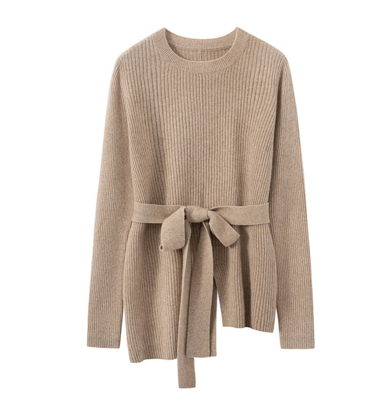 

2025 Winter Goat Cashmere Sweater for Women Fashion Irregular Lace-up Belt Casual O-neck Female Solid Knitted Wool Sweater Tops