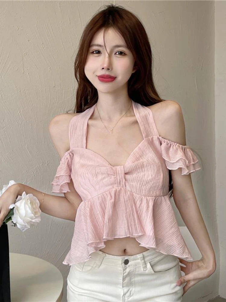 French All Match Blouses Solid Color Crop Tops Halter Ruffles Patchwork Summer Design Shirts Irregular Gyaru Women Clothing 2024