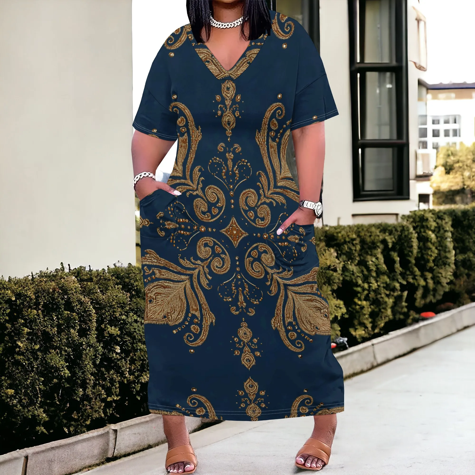 

Plus Size Damask Print Women's Summer Maxi Dress V-Neck Short Sleeve Elegant Party Dresses for New Year's Eve XL-6XL