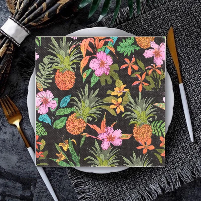 

20Pcs Black Tropical Pineapple Hibiscus Print Disposable Paper Napkins Summer Luau Hawaiian Beach Themed Party Supplies
