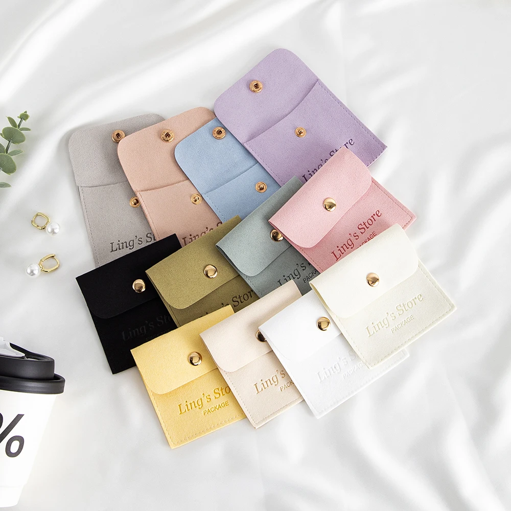 50pcs Lovely Personalized Logo 8x8cm Microfiber Jewelry Snap Bag Velvet Gift Packaging Storage Pouch Wedding Favors Candy Pocket