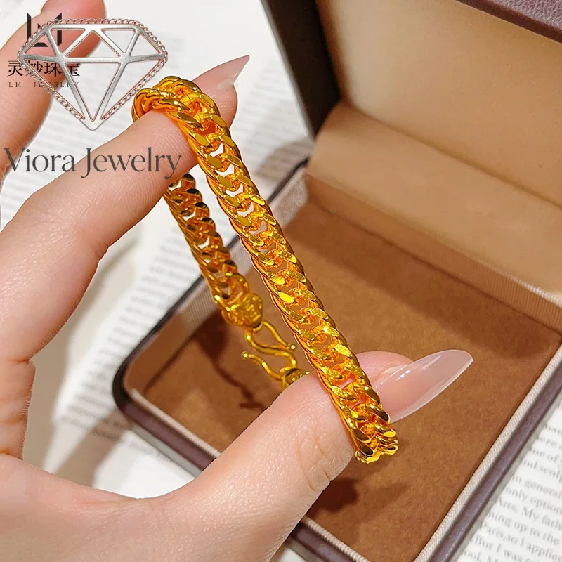 Viora Jewelry 9999 24K real gold domineering shiny face horse whip bracelet M buckle boss thick chain classic fashion gift for b
