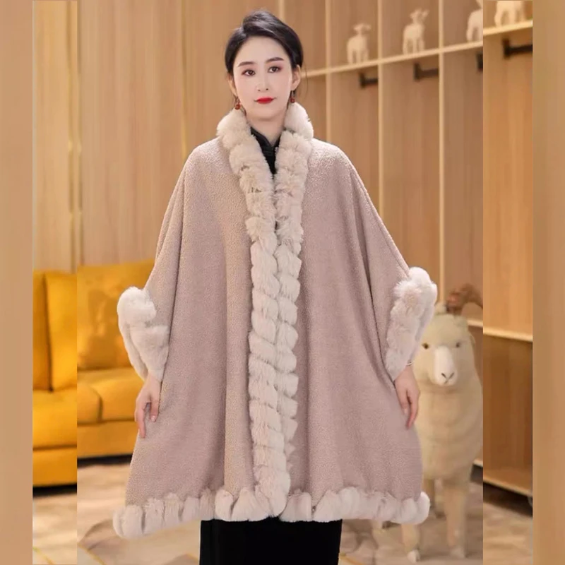 Fashion Wavy Faux Fur Trims Imitate Lamb Wool Coat Cloak Winter Women Batsleeve Overcoat Cape Wraps Thick Lining