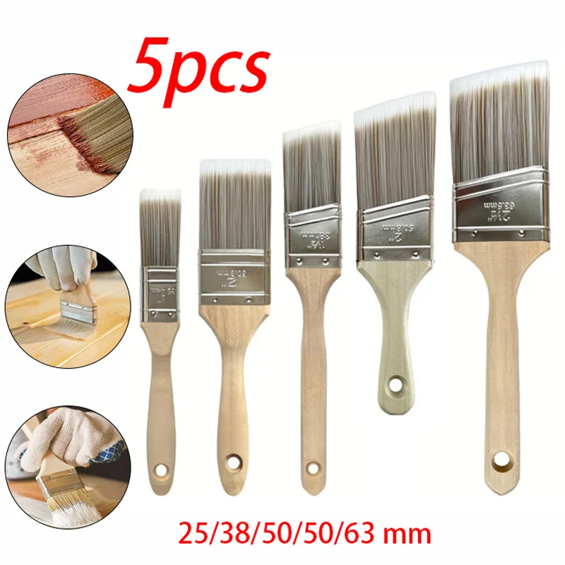 5Pcs Paint Brush Set White Coffee-colored Paint Long-handled Bevel Art-specific Nylon Brushes for Barbecues and Marine Use