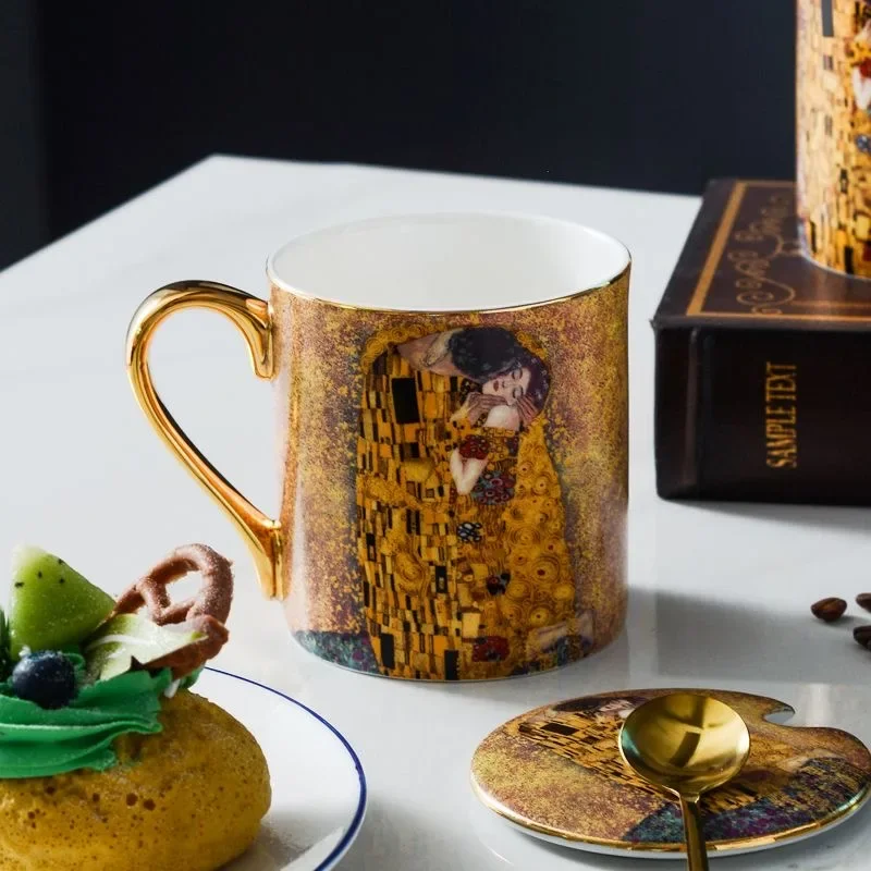 Klimt Kiss Coffee Cups Bone China Water Mug British Porcelain Tea Cup Milk Cup Office Home Decorative Gift Box Tableware Wedding