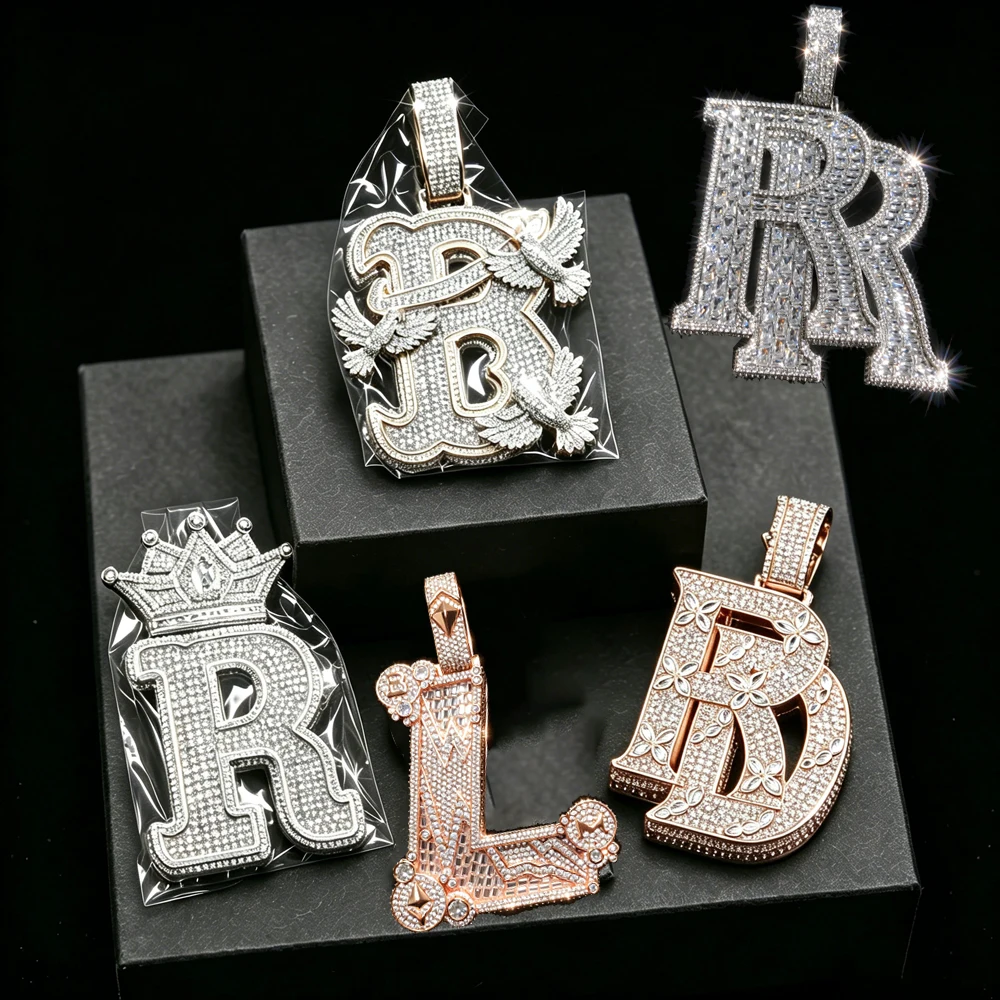 Sparkling Iced Out Full Diamond Letter Necklace Pendant D R P B J Shaped for Name 5A Cubic Zirconia Hip Hop Rapper Jewelry Gifts