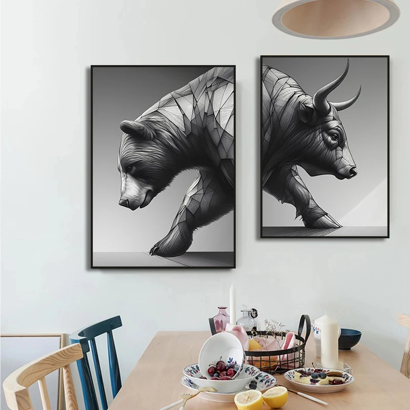 Motivational Stock Market Crypto Trading Bull and Bear Sculpture Canvas Painting Print Poster Wall Art for Home Office Decor