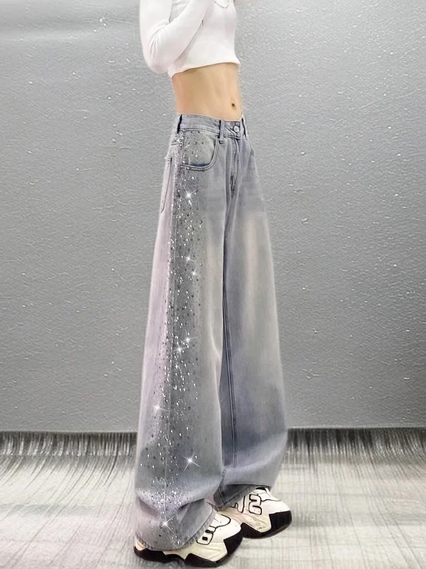 

High Waist Straight Leg Diamond Embellied Denim Pants Wide Leg Casual Sle Spring Collection for Young Women