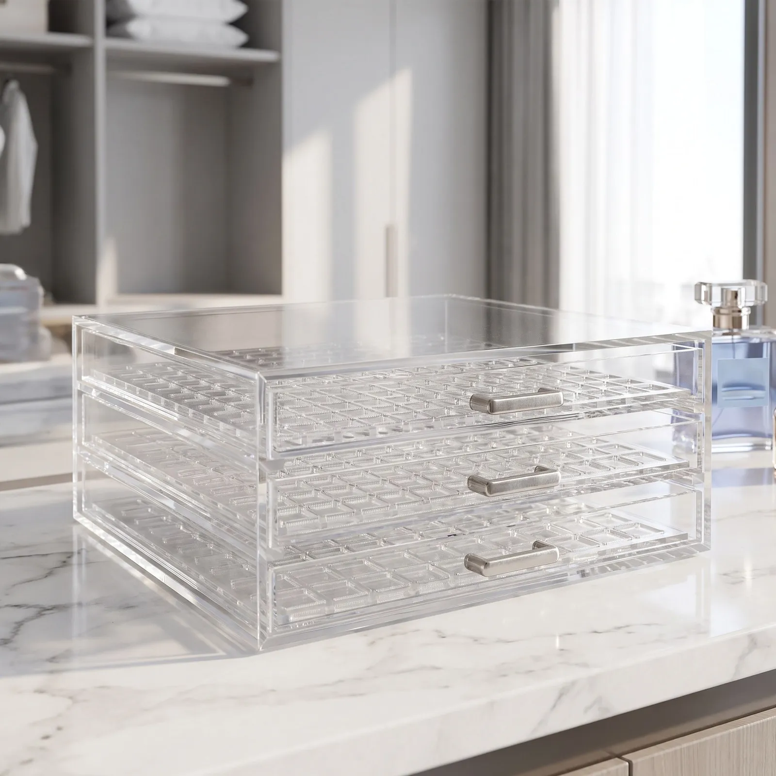 3 Tier Clear Jewelry Organizer Box with Smooth Sliding Drawers for Nail Art Rhinestones Beads Storage Compact Design