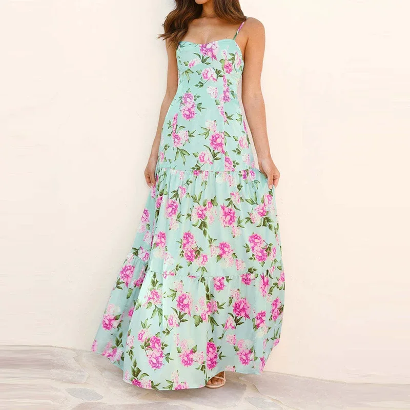 

LIBIELIY Sexy Backless Hollow Vacation Long Dress Women Elegant Off Shoulder Swing Party Dress Fashion Floral Printed Pleated B