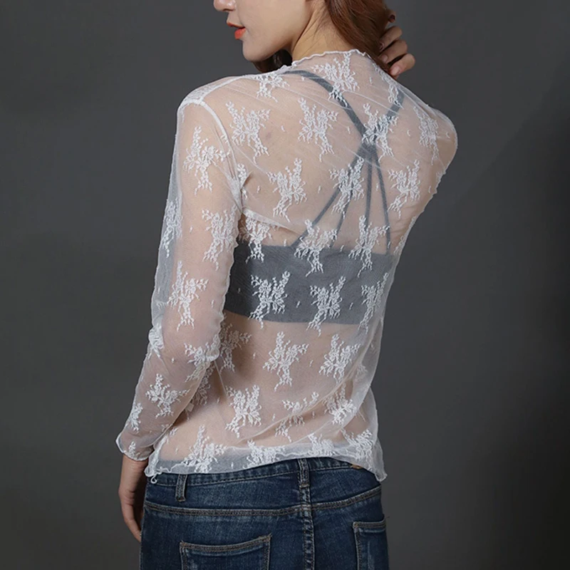 Elegant Transparent T-shirt Sexy Long Sleeve Mesh Tulles See Through Tops Shirt Trendy Floral Mesh Blouses Lace Women Clothes