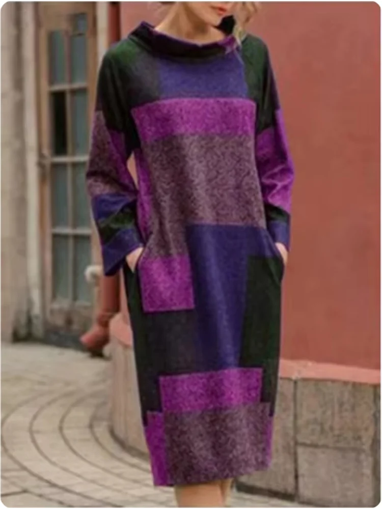 4 Color Autumn Semi High Neck Long Sleeved Checkered Pocket Dress Style Artistic Retro Style Women\'s Dress