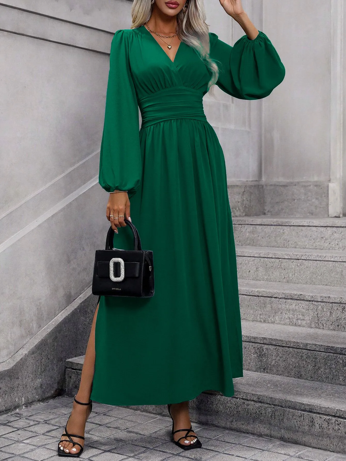 Französisches Retro-Kleid mit Laternenärmeln und Schlitz für Damen, Winter 2025, Strick-Bodycon-Maxikleid – Detail 3
