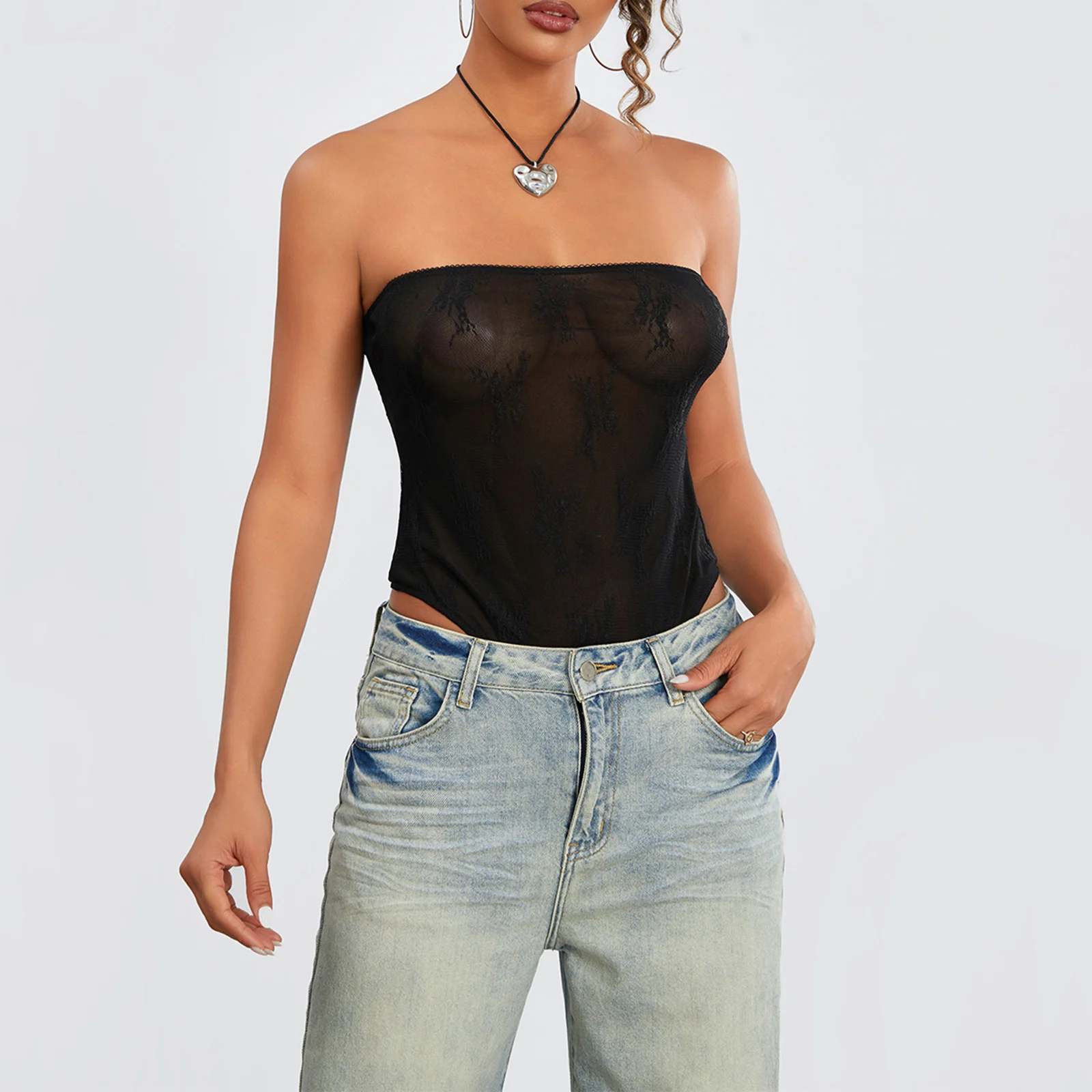 Bodysuit de renda sem alças feminino, macacão transparente, top puro sexy, roupa de clube, verão