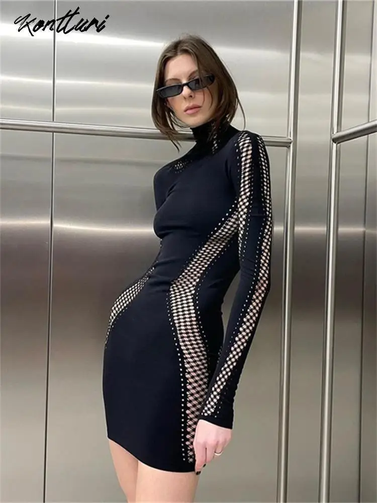 

Kontturi Sexy Outfit Hollow Out Bodycon Dress O Neck Long Sleeve Dress Female Black Solid Mini Dresses For Women Club 2023